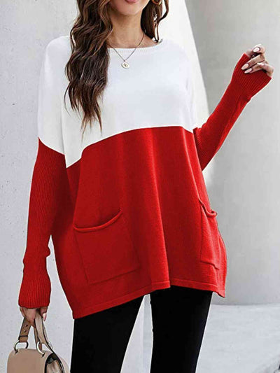 BEAUTIFUL I AM Two Tone Pullover Sweater with Pockets