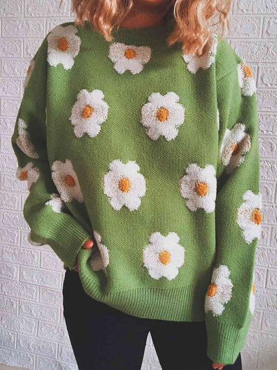 BEAUTIFUL I AM Flower Round Neck Long Sleeve Sweater