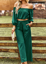 BEAUTIFUL I AM Off-Shoulder Blouse and Drawstring Waist Pants Set