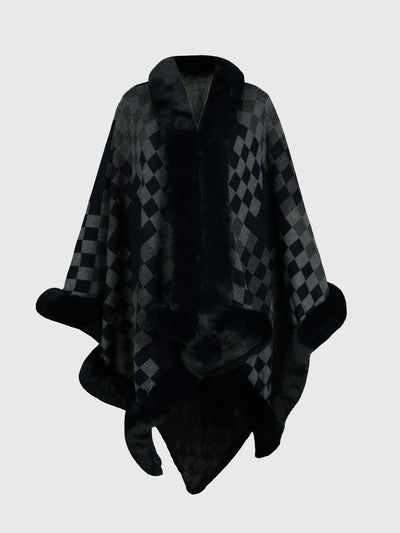 BEAUTIFUL I AM Checkered Faux Fur Trim Poncho