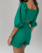 BEAUTIFUL I AM Cutout Puff Sleeve Top and Shorts Set