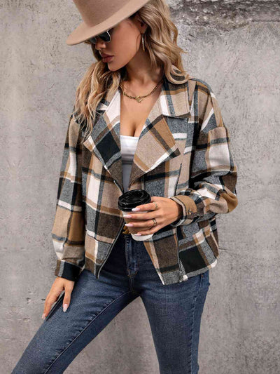 BEAUTIFUL I AM Plaid Collared Neck Long Sleeve Jacket