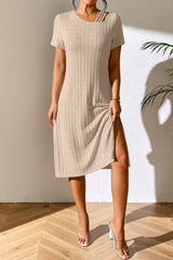 BEAUTIFUL I AM Ribbed Asymmetrical Neck Short Sleeve Dress