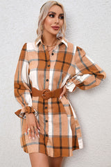 BEAUTIFUL I AM Plaid Collared Neck Flounce Sleeve Shirt Dress