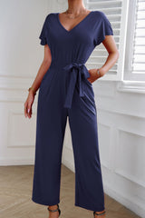 BEAUTIFUL I AM Tie Waist V-Neck Short Sleeve Pants Jumpsuit