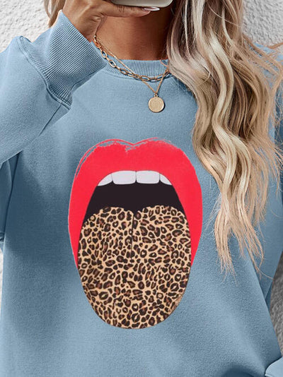 BEAUTIFUL I AM Leopard Lip Graphic Round Neck Sweatshirt