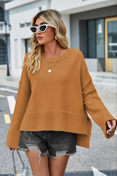 BEAUTIFUL I AM Round Neck Dropped Shoulder Slit Sweater