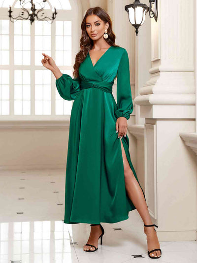 BEAUTIFUL I AM Surplice Long Sleeve Slit Midi Dress