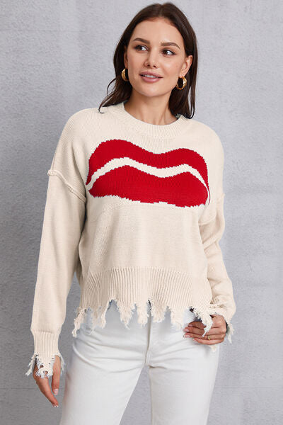 BEAUTIFUL I AM Lip Fringe Round Neck Sweater