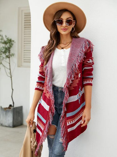 BEAUTIFUL I AM Fringe Geometric Hooded Long Sleeve Cardigan