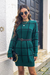 BEAUTIFUL I AM Plaid Round Neck Long Sleeve Sweater Dress