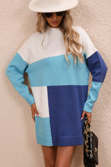 BEAUTIFUL I AM Color Block Mock Neck Dropped Shoulder Sweater Dress