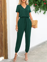 BEAUTIFUL I AM Short Sleeve V-Neck Pants Jumpsuit with Pockets