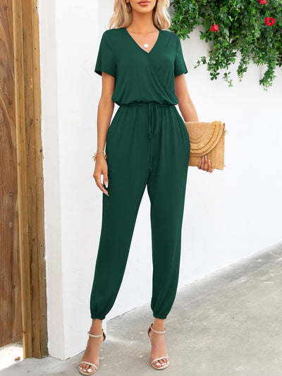 BEAUTIFUL I AM Short Sleeve V-Neck Pants Jumpsuit with Pockets