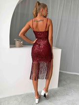 BEAUTIFUL I AM Sequin Fringe Spaghetti Strap Dress