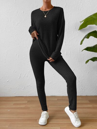 BEAUTIFUL I AM Ribbed Round Neck Top and Pants Set