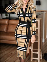 BEAUTIFUL I AM Plus Size Plaid V-Neck Long Sleeve Wrap Dress