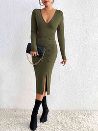 BEAUTIFUL I AM Buttoned Surplice Neck Slit Dress