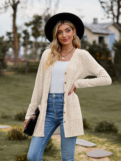 BEAUTIFUL I AM Ribbed Button-UP Cardigan with Pockets