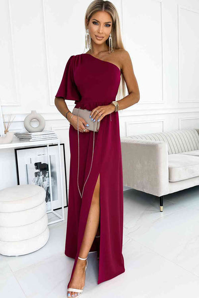 BEAUTIFUL I AM One shoulder Flutter sleeves Slit Dress