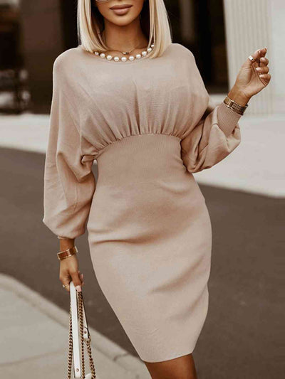 BEAUTIFUL I AM Round Neck Lantern Sleeve Dress