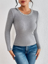 BEAUTIUFUL I AM Pearl Trim Rib-Knit Top Shirt