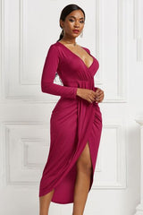 BEAUTIFUL I AM High-low Ruched Surplice Long Sleeve Dress