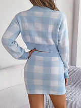 BEAUTIFUL I AM Plaid Round Neck Top and Skirt Sweater Set