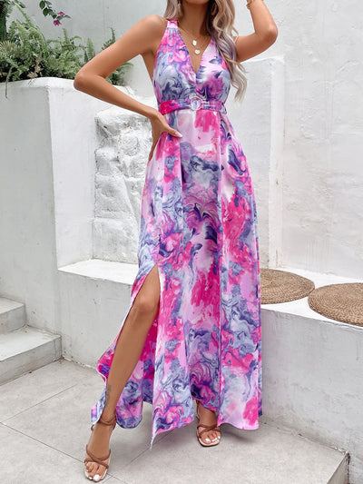 BEAUTIFUL I AM Printed Open Back Slit Sleeveless Dress