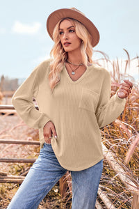 BEAUTIFUL I AM V-Neck Dropped Shoulder Waffle-Knit Blouse Shirt