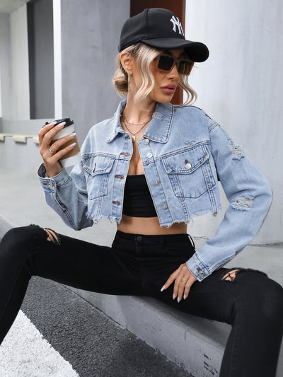 BEAUTIFUL I AM Distressed Raw Hem Cropped Denim Jacket