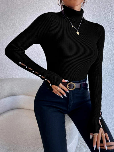 BEAUTIFUL I AM Cutout Turtleneck Rib-Knit Top Shirt