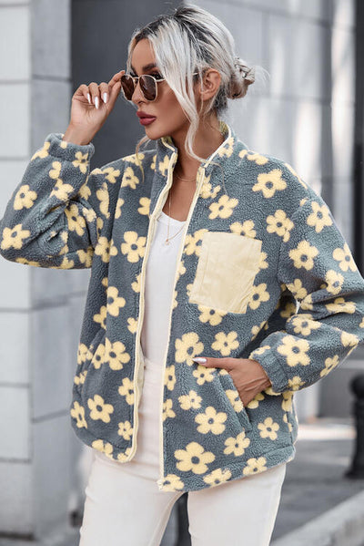 BEAUTIFUL I AM Pocketed Floral Mock Neck Jacket