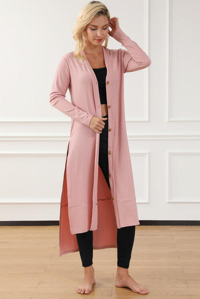 BEAUTIFUL I AM Button Up High-Low Long Sleeve Slit Cardigan