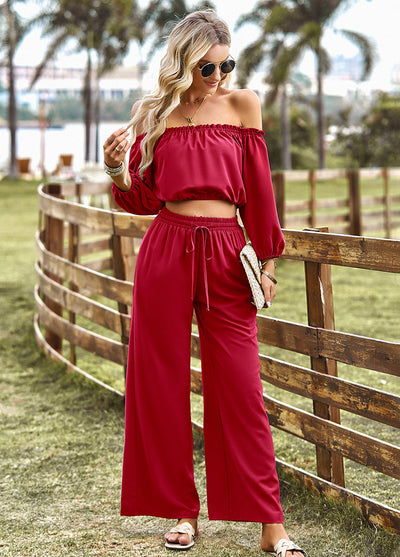 BEAUTIFUL I AM Off-Shoulder Blouse and Drawstring Waist Pants Set