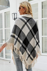 BEAUTIFUL I AM Plaid Turtleneck Fringe Hem Poncho