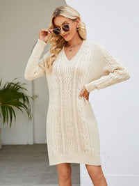 BEAUTIFUL I AM Cable-Knit V-Neck Mini Sweater Dress