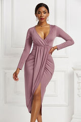 BEAUTIFUL I AM High-low Ruched Surplice Long Sleeve Dress