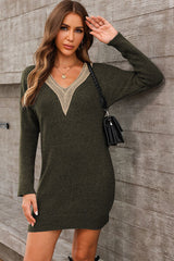 BEAUTIFUL I AM V-Neck Long Sleeve Mini Sweater Dress