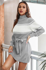 BEAUTIFUL I AM Contrast Tie Front Long Sleeve Sweater Dress