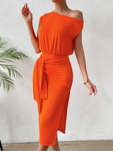 BEAUTIFUL I AM Tie Front Single Shoulder Slit Dress