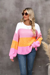 BEAUTIFUL I AM Color Block Round Neck Dropped Shoulder Sweater