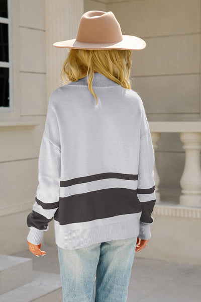 BEAUTIFUL I AM Two-Tone Long Sleeve Zip-Up Knit Top Shirt