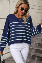 BEAUTIFUL I AM Striped Dropped Shoulder Round Neck Pullover Sweater