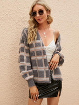 BEAUTIFUL I AM Open Front Plaid Long Sleeve Cardigan