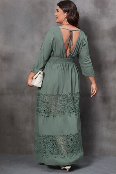 BEAUTIFUL I AM Plus Size Tied V-Neck Smocked Crochet Maxi Dress