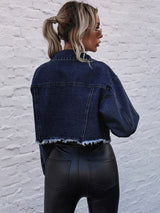 BEAUTIFUL I AM Cropped Collared Neck Raw Hem Denim Jacket