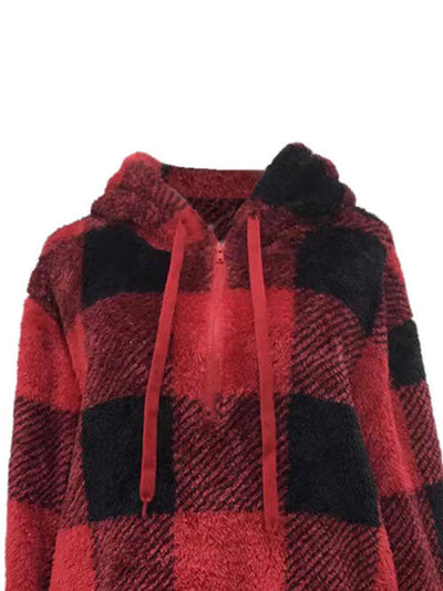 BEAUTIFUL I AM Plaid Half Zip Drawstring Hoodie