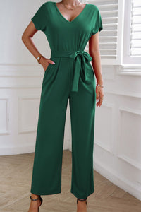 BEAUTIFUL I AM Tie Waist V-Neck Short Sleeve Pants Jumpsuit