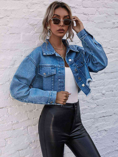 BEAUTIFUL I AM Raw Hem Collared Neck Denim Jacket